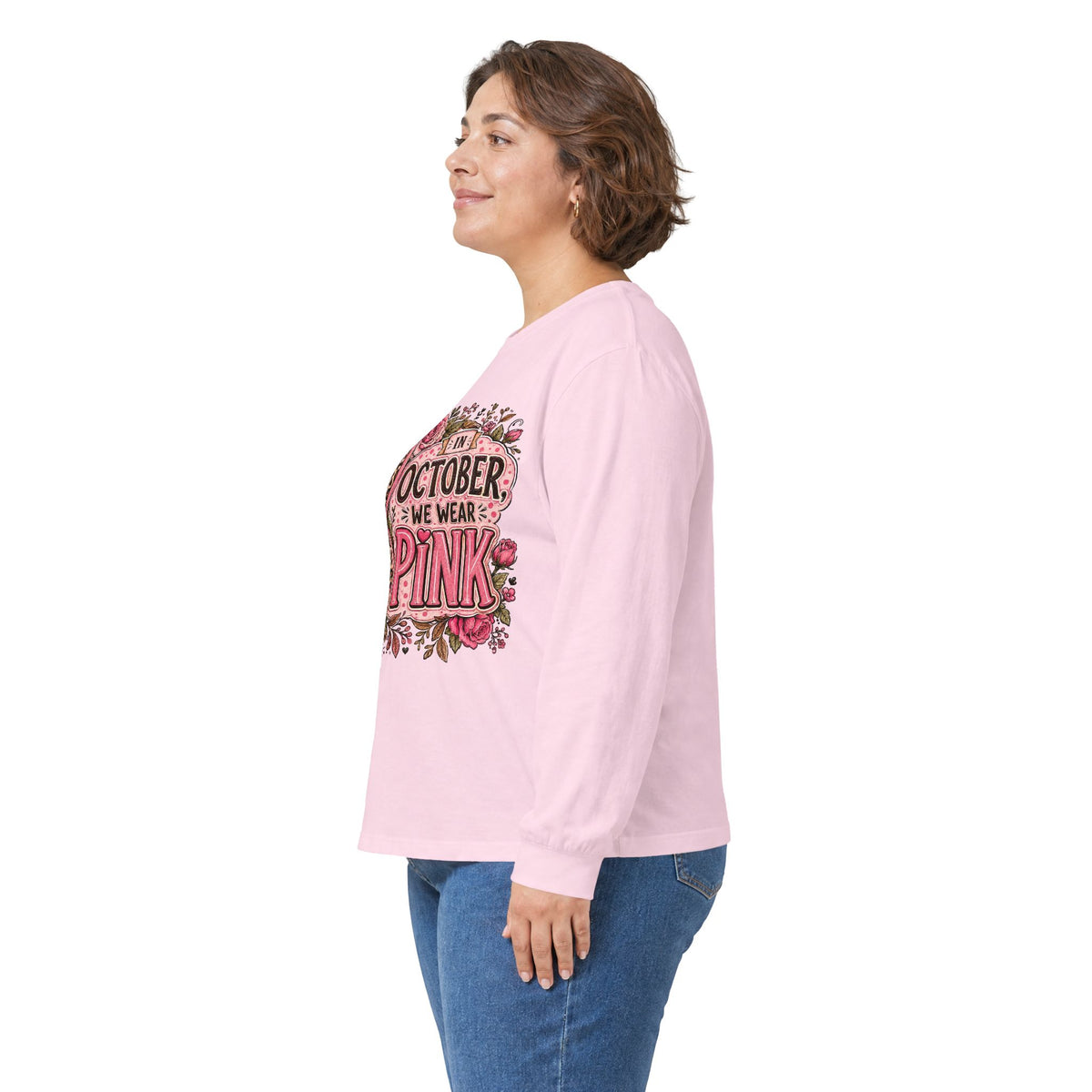 Breast Cancer Awareness Long Sleeve Tee — "In October We Wear Pink" Floral Ribbon