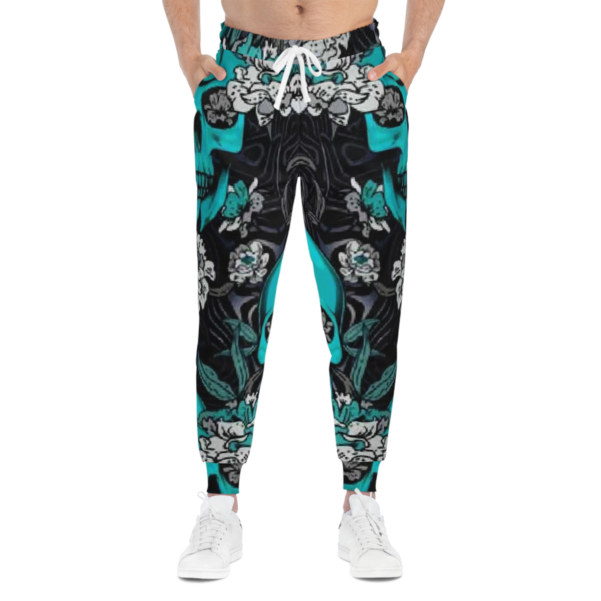 Teal Skull Floral Joggers — Gothic Athletic Pants with All-Over Print