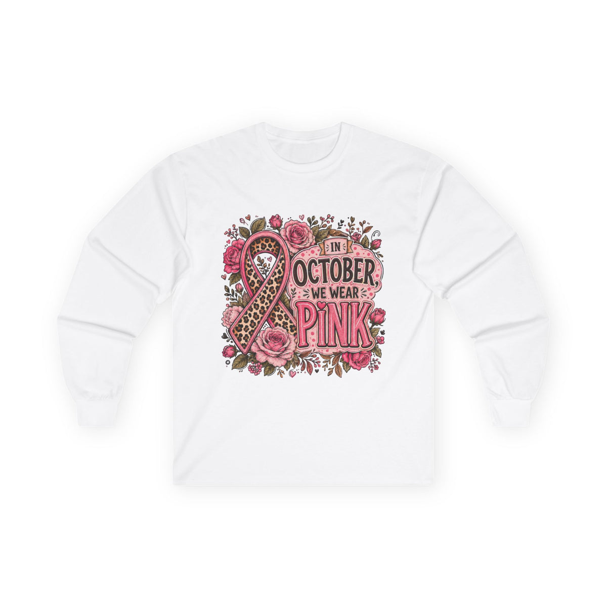 Breast Cancer Awareness Long Sleeve Tee — "In October We Wear Pink" Floral Ribbon