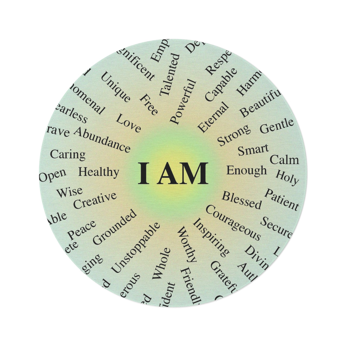 Round Affirmation Rug — "I AM" Positive Words Meditation Mat