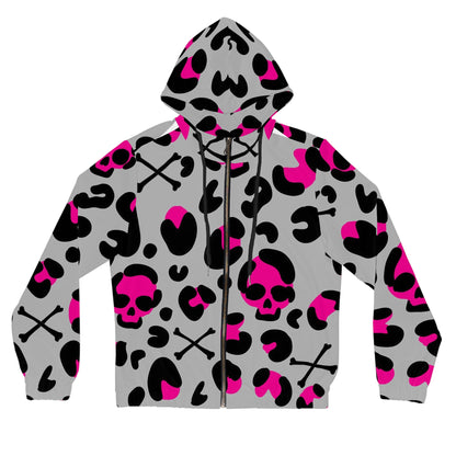 Women’s Zip Hoodie — Pink & Black Skull Leopard All-Over Print
