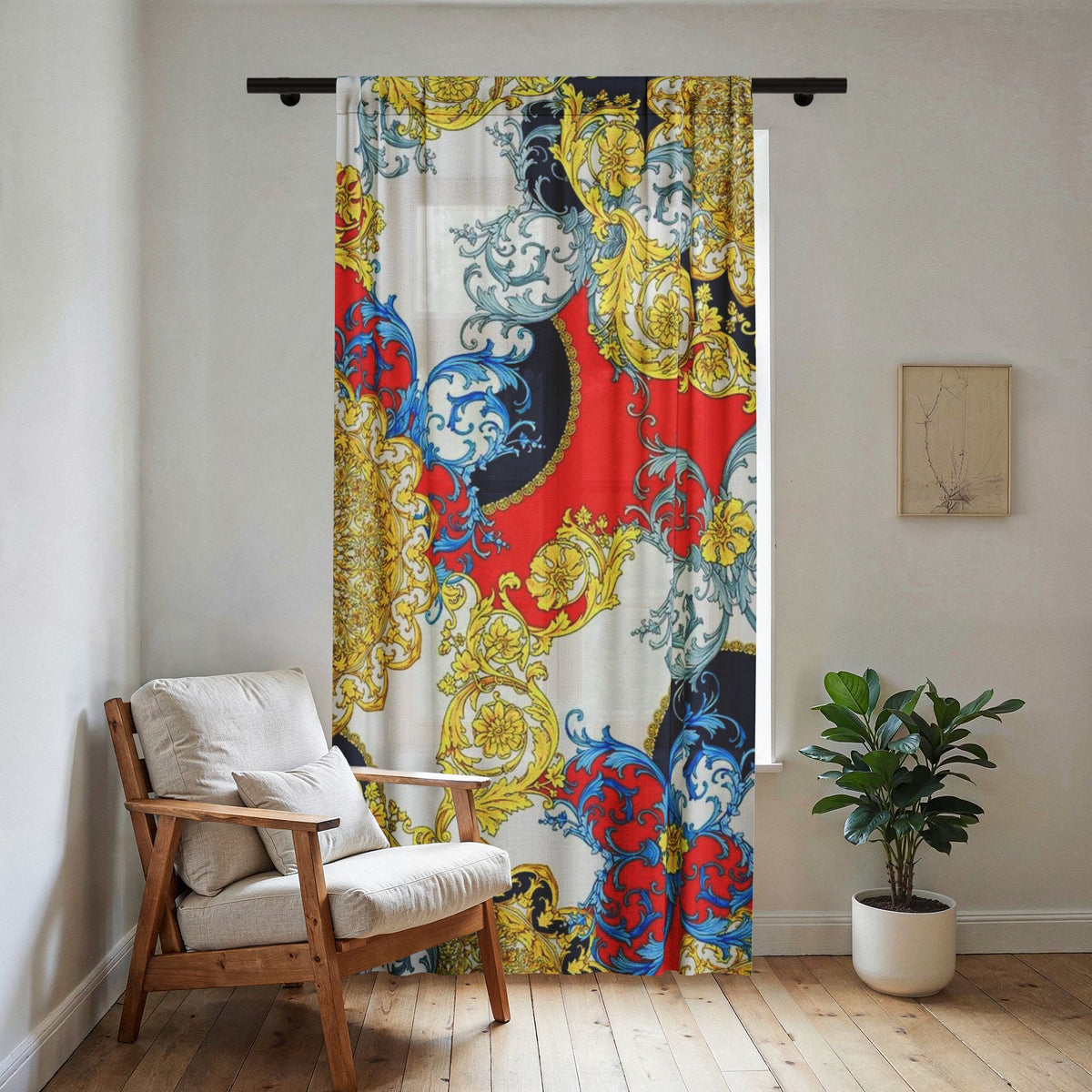 Baroque Scroll Sheer Curtain — Ornate Gold & Red Window Panel