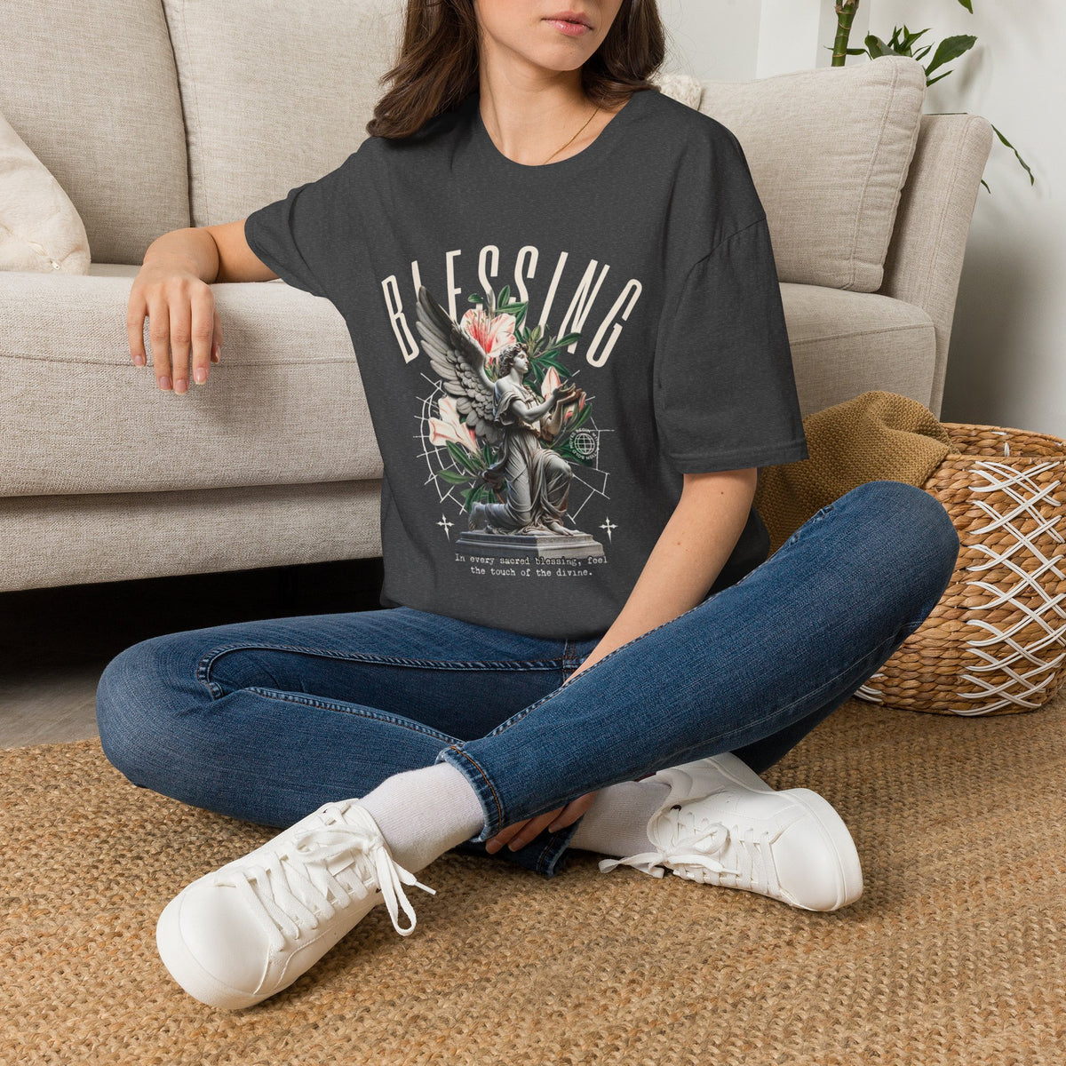 Blessing Angel Graphic T‑Shirt — Faith Inspired Floral Statue Tee