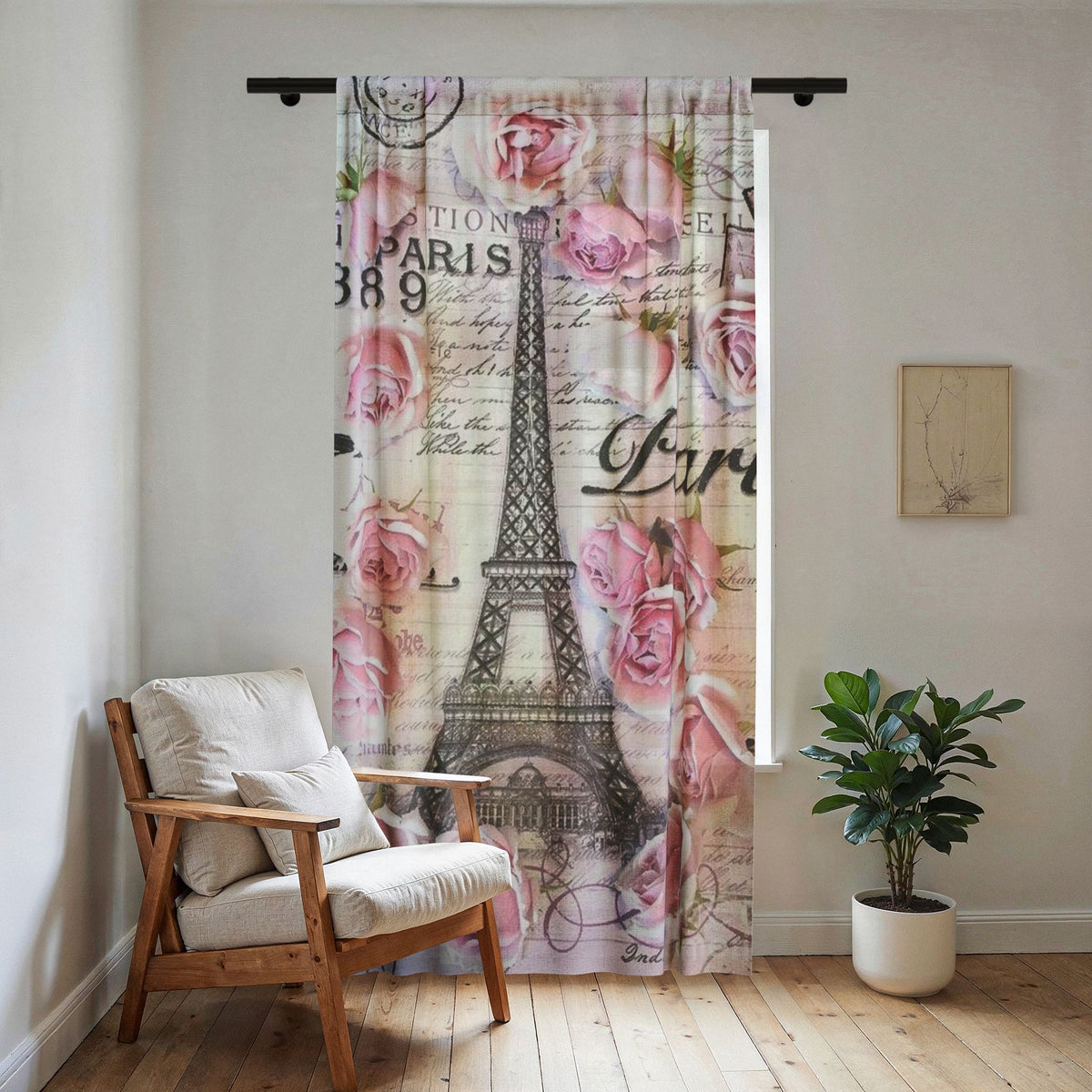 Paris Eiffel Tower Sheer Curtain with Pink Roses – Romantic Vintage Window Panel