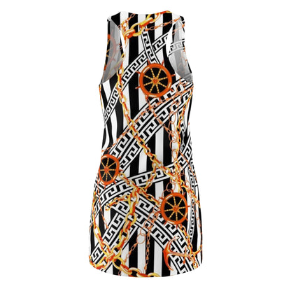 Chain & Wheel Pattern Racerback Dress — Bold Black Stripe Nautical Print