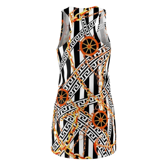 Chain & Wheel Pattern Racerback Dress — Bold Black Stripe Nautical Print