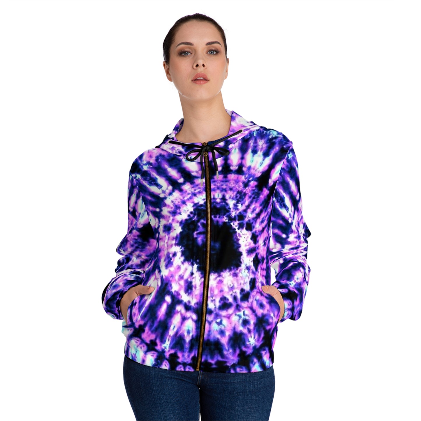 Purple Tie-Dye Zip Hoodie — Women's Psychedelic Spiral All-Over Print