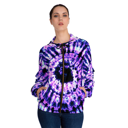 Purple Tie-Dye Zip Hoodie — Women's Psychedelic Spiral All-Over Print