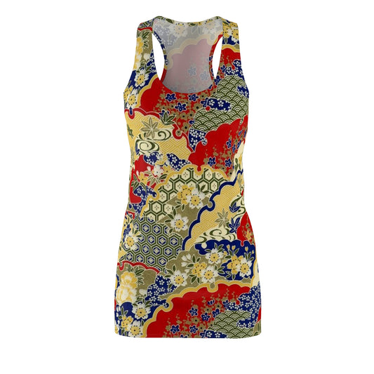 Floral Kimono-Print Racerback Dress — Vibrant Asian-Inspired All-Over Print