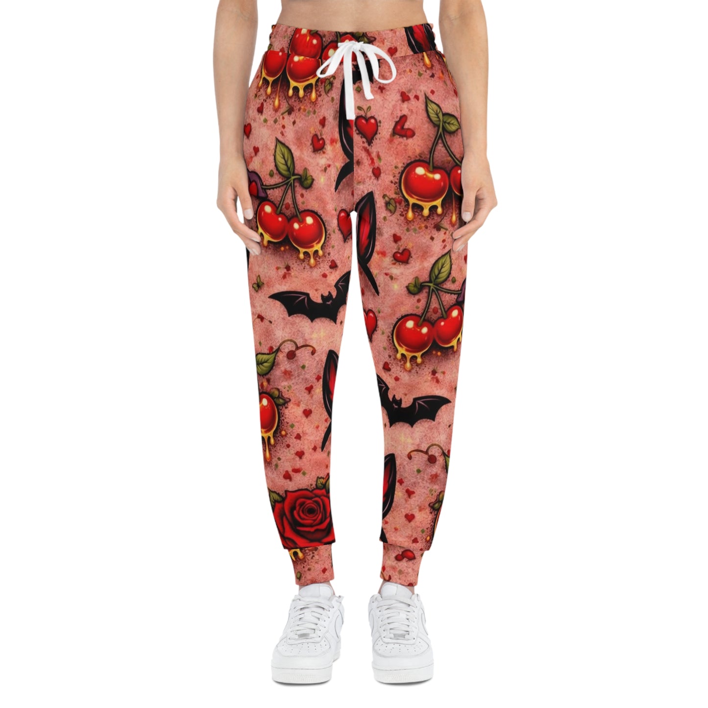 Gothic Cherry Tattoo Joggers — Vampire Bat & Rose All-Over Print Athletic Pants