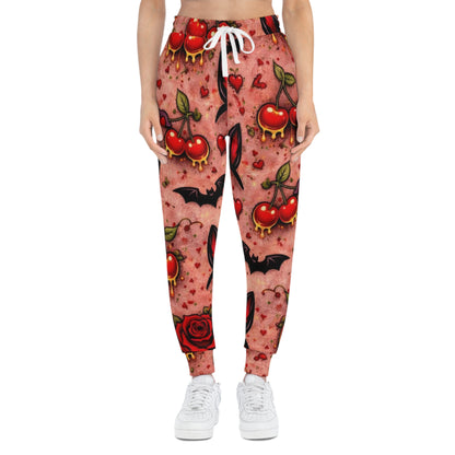 Gothic Cherry Tattoo Joggers — Vampire Bat & Rose All-Over Print Athletic Pants