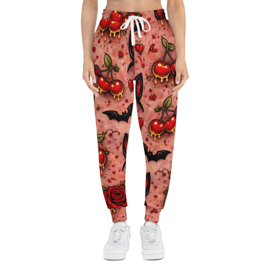 Gothic Cherry Tattoo Joggers — Vampire Bat & Rose All-Over Print Athletic Pants