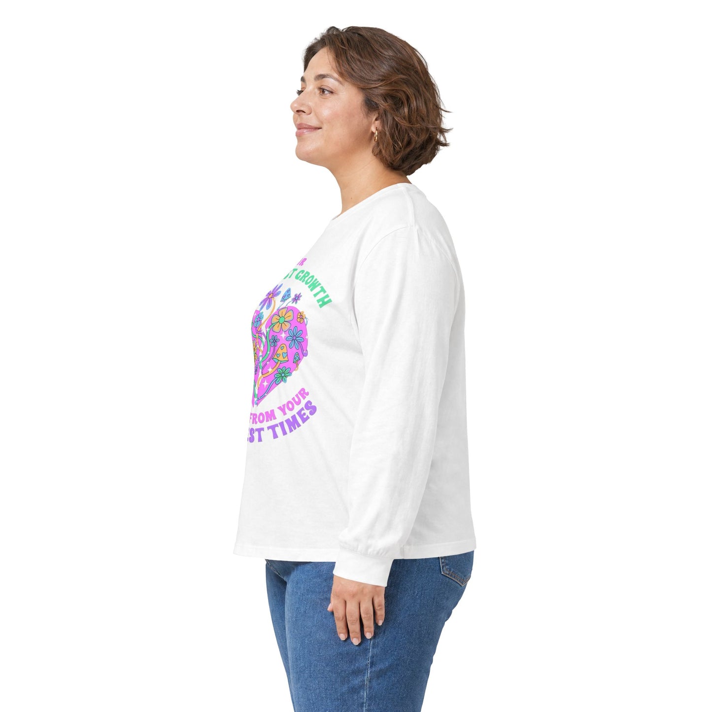 Long Sleeve Tee — "Your Greatest Growth Comes From Your Darkest Times" Floral Heart Motivational Shirt