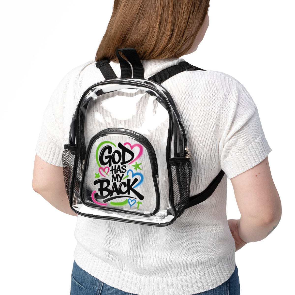 Clear Stadium Backpack — "God Has My Back" Transparent School & Game Day Bag