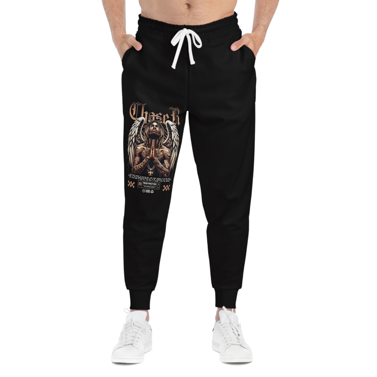 Angel Warrior Athletic Joggers — Graphic Gothic Prayer Design