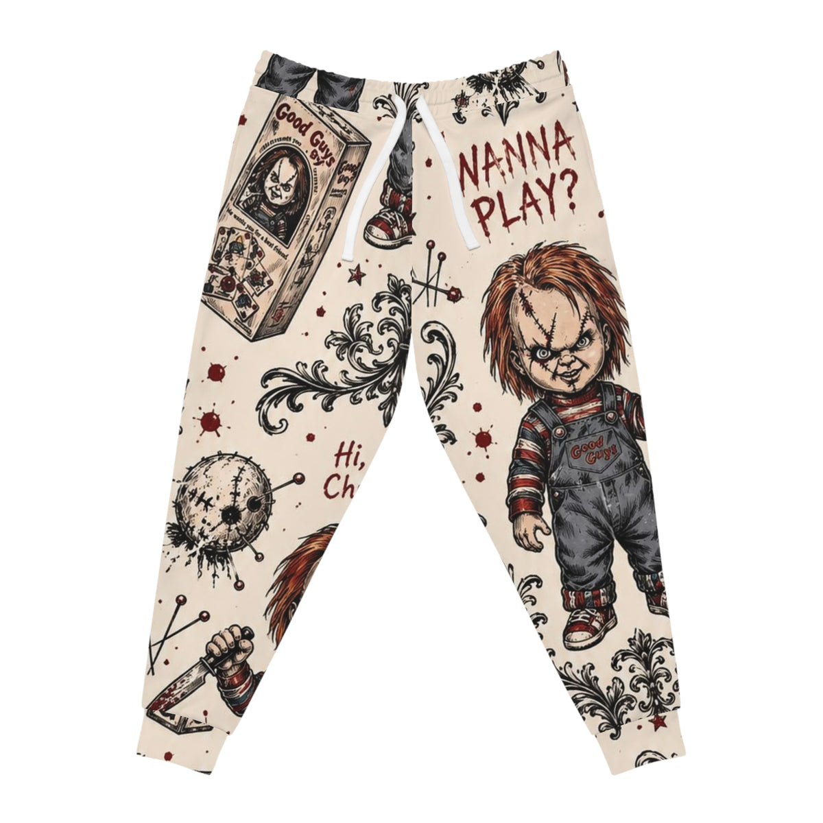 Chucky “Wanna Play?” Horror Joggers — All-Over Print Creepy Doll Sweatpants