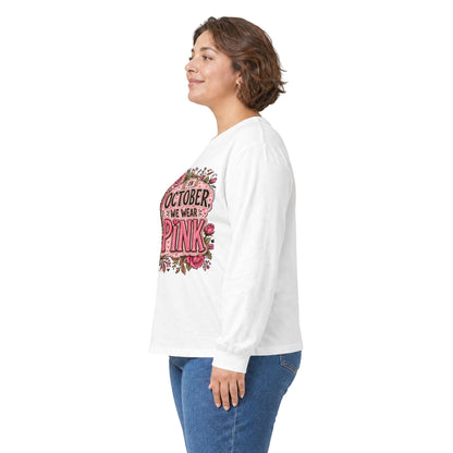 Breast Cancer Awareness Long Sleeve Tee — "In October We Wear Pink" Floral Ribbon