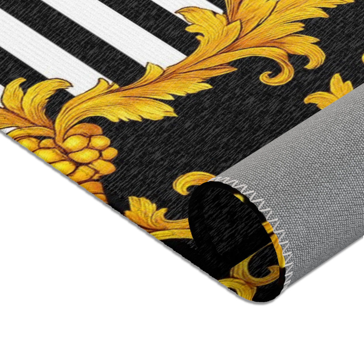Baroque Gold Scroll Area Rug — Black & White Striped Medallion Accent Rug