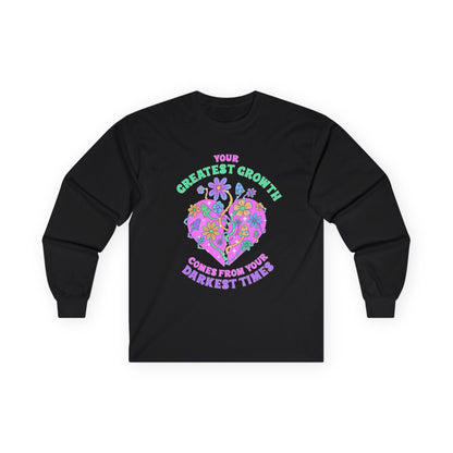 Long Sleeve Tee — "Your Greatest Growth Comes From Your Darkest Times" Floral Heart Motivational Shirt