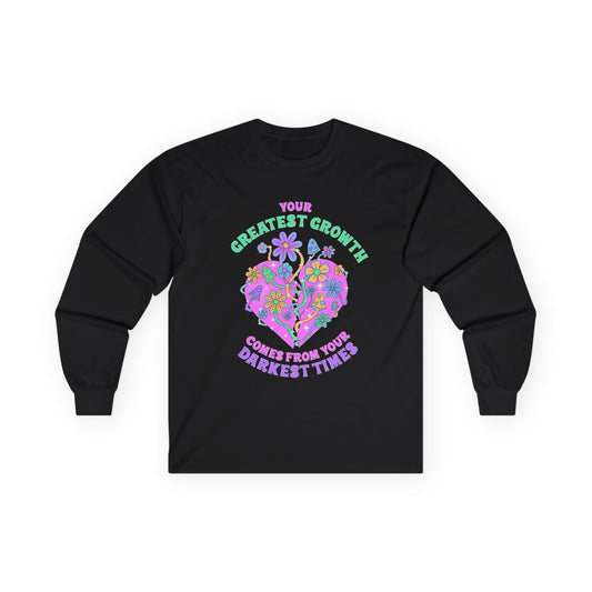 Long Sleeve Tee — "Your Greatest Growth Comes From Your Darkest Times" Floral Heart Motivational Shirt