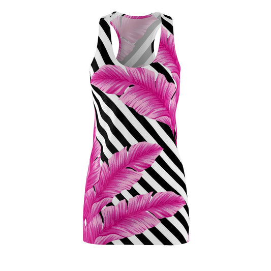 Pink Feather Stripe Racerback Dress - Tropical Floral AOP
