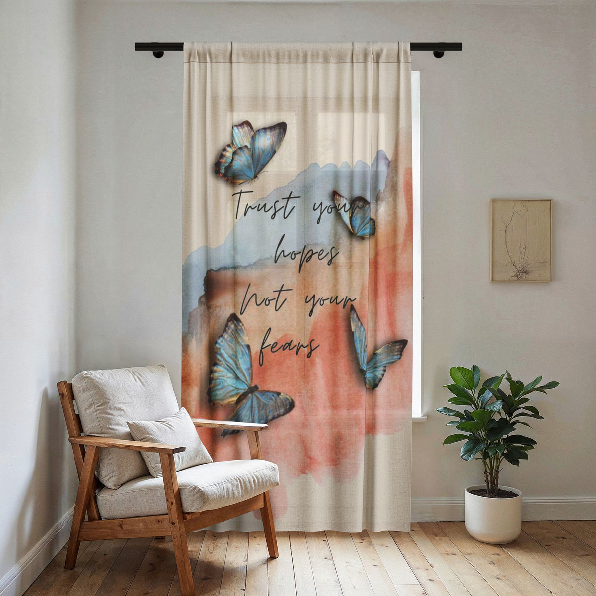 Sheer Curtain - "Trust Your Hopes Not Your Fears" Blue Butterflies, Watercolor Window Panel
