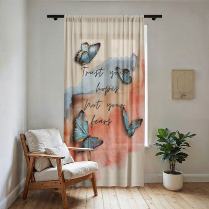 Sheer Curtain - "Trust Your Hopes Not Your Fears" Blue Butterflies, Watercolor Window Panel