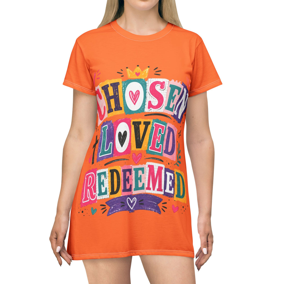 T-Shirt Dress - "Chosen Loved Redeemed" Colorful Faith Graphic