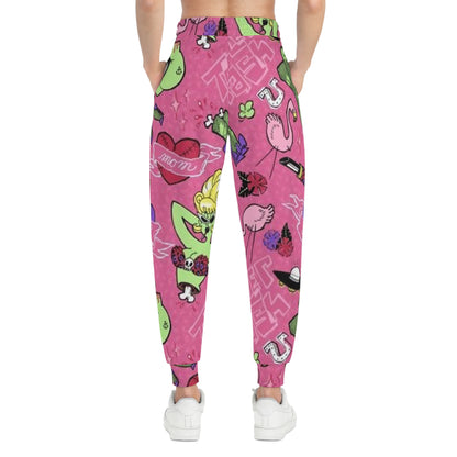 Pink Retro Pop Pattern Joggers — Flamingo, Lipstick & Heart Graphic Athletic Pants