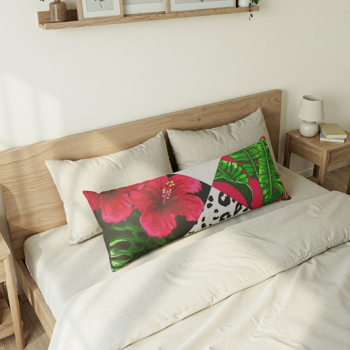 Tropical Hibiscus Body Pillow — Pink Floral & Leopard Accent Lumbar Pillow