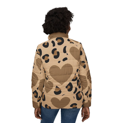 Heart Print Puffer Jacket, Stylish Warm Outerwear, Trendy Casual Wear, Perfect for Fall/Winter, Great Gift for Fashion Lovers
