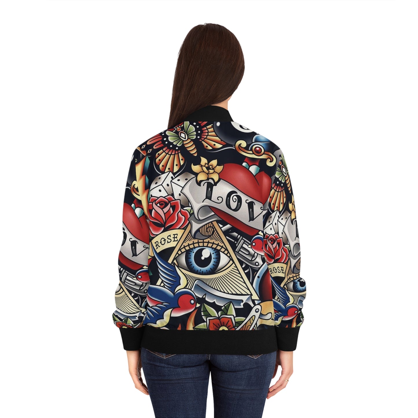 Women's Tattoo-Print Bomber Jacket — Retro Sailor Love AOP