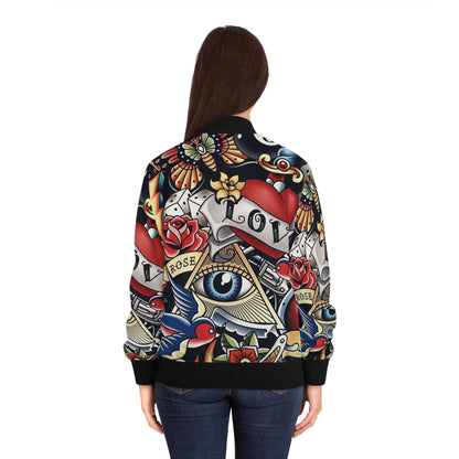 Women's Tattoo-Print Bomber Jacket — Retro Sailor Love AOP