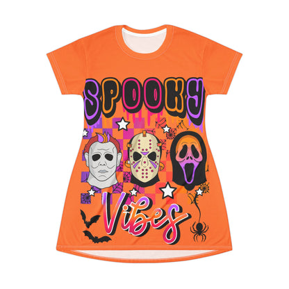 Spooky Vibes T-Shirt Dress — Halloween Horror Mask Graphic