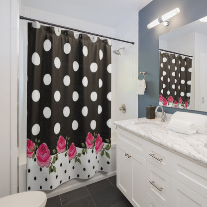 Polka Dot Roses Shower Curtain — Black & White Dotted Bath Curtain with Pink Rose Border