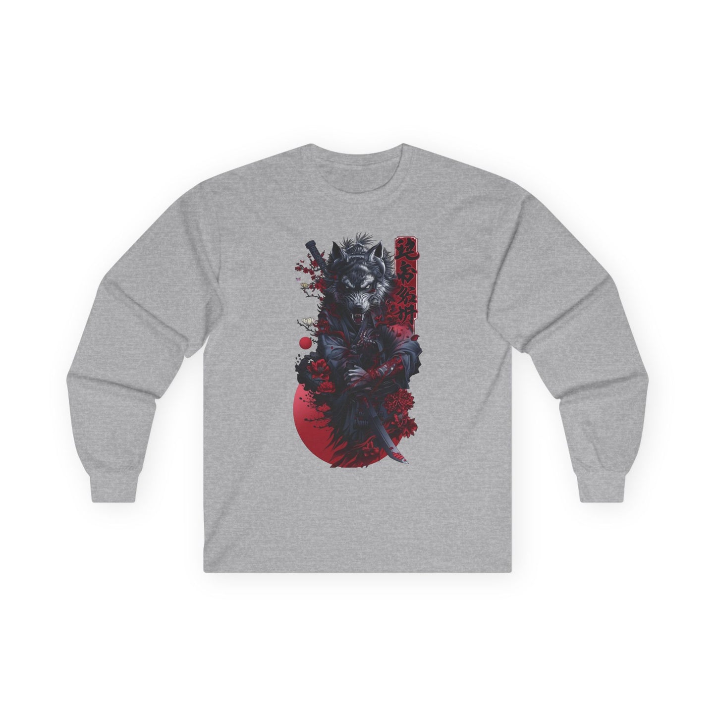 Samurai Wolf Long Sleeve Tee — Japanese Ink Red Moon Graphic