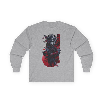Samurai Wolf Long Sleeve Tee — Japanese Ink Red Moon Graphic