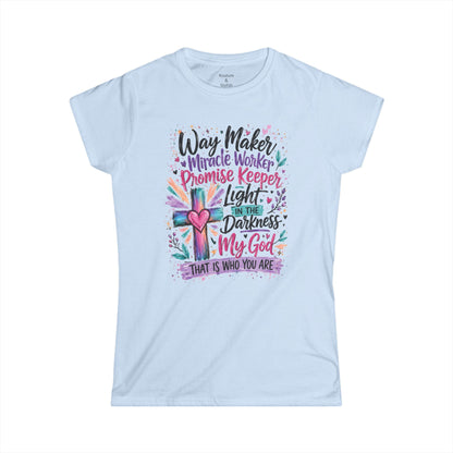 Women's Tee — "He's WayMaker, Miracle Worker" Christian Graphic