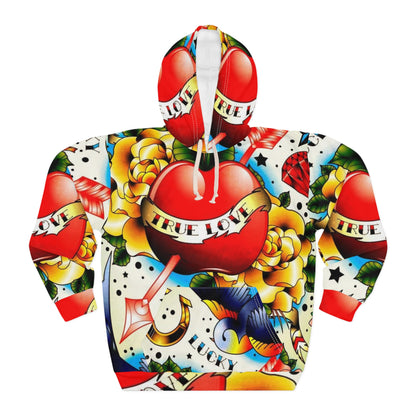 True Love Tattoo Heart Hoodie — All-Over-Print Vintage Tattoo Pullover