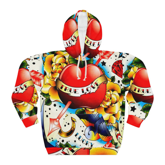 True Love Tattoo Heart Hoodie — All-Over-Print Vintage Tattoo Pullover