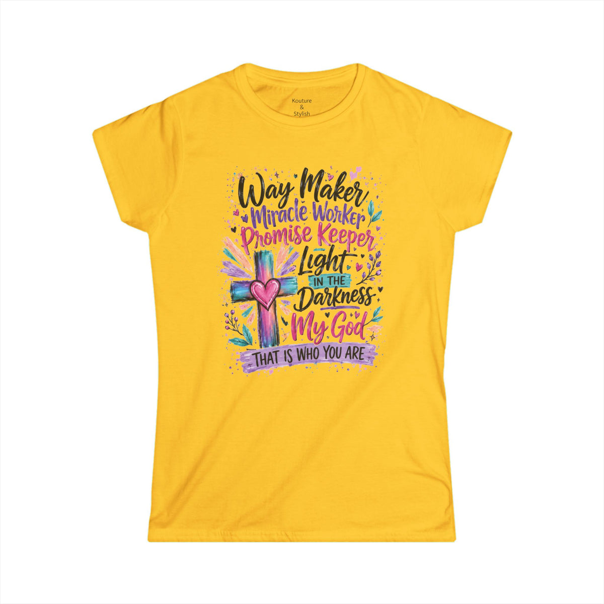 Women's Tee — "He's WayMaker, Miracle Worker" Christian Graphic
