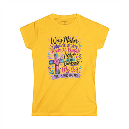 Women's Tee — "He's WayMaker, Miracle Worker" Christian Graphic