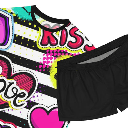 Colorful “Kiss Love” Women's Short Pajama Set with Love & Heart Graphics