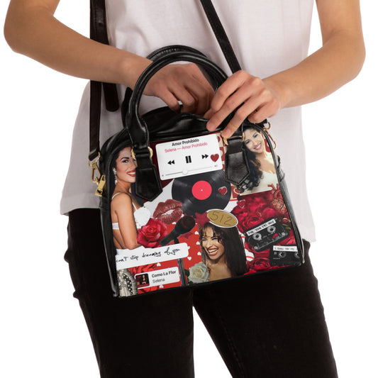 Selena Inspired Shoulder Handbag - Retro Music & Floral Collage