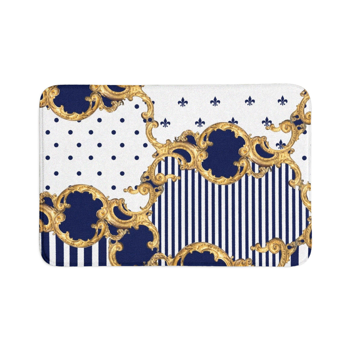 Navy & Gold Baroque Bath Mat Set — 3-Piece Luxurious Bathroom Rugs