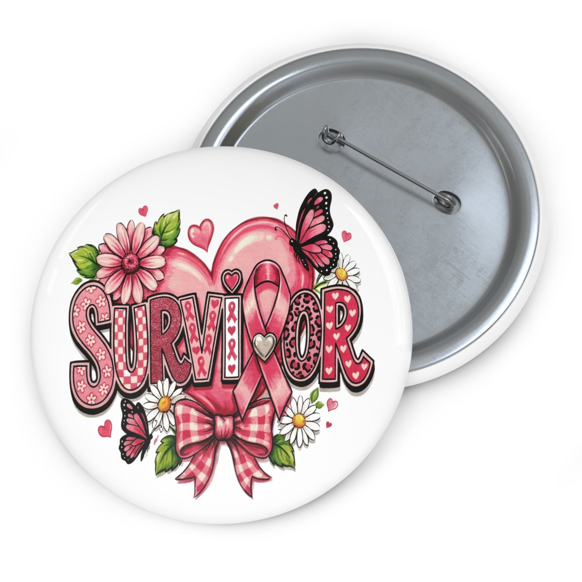 Survivor Pink Ribbon Floral Pin Button — Breast Cancer Awareness Support Badge