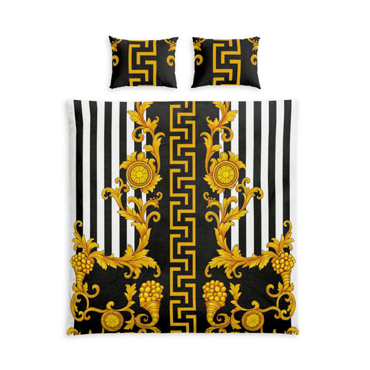 Baroque Gold Scroll Cotton Bedding Set — Black & White Striped Duvet Cover