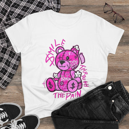 Smile Through The Pain Teddy Bear Tee — Pink Graphic Women's Cotton Shirt