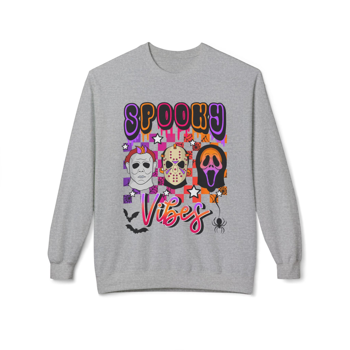 Spooky Vibes Crewneck Sweatshirt — Retro Neon Horror Masks Halloween Pullover