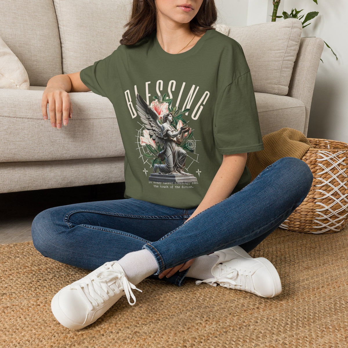Blessing Angel Graphic T‑Shirt — Faith Inspired Floral Statue Tee